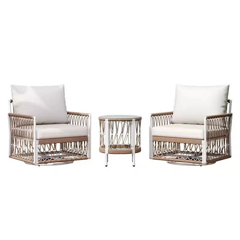 3-Piece Bohemian Outdoor Set with 2 Lounge Chairs and Side Table, Handwoven Rope, for Patio