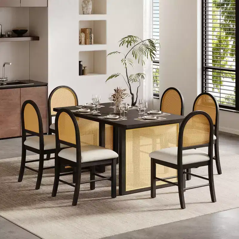 7-Piece Farmhouse Dining Table Set for 6-59.8 Rectangular Dining Table with Distressed and 6 Rattan Chairs, Rustic Kitchen Furniture