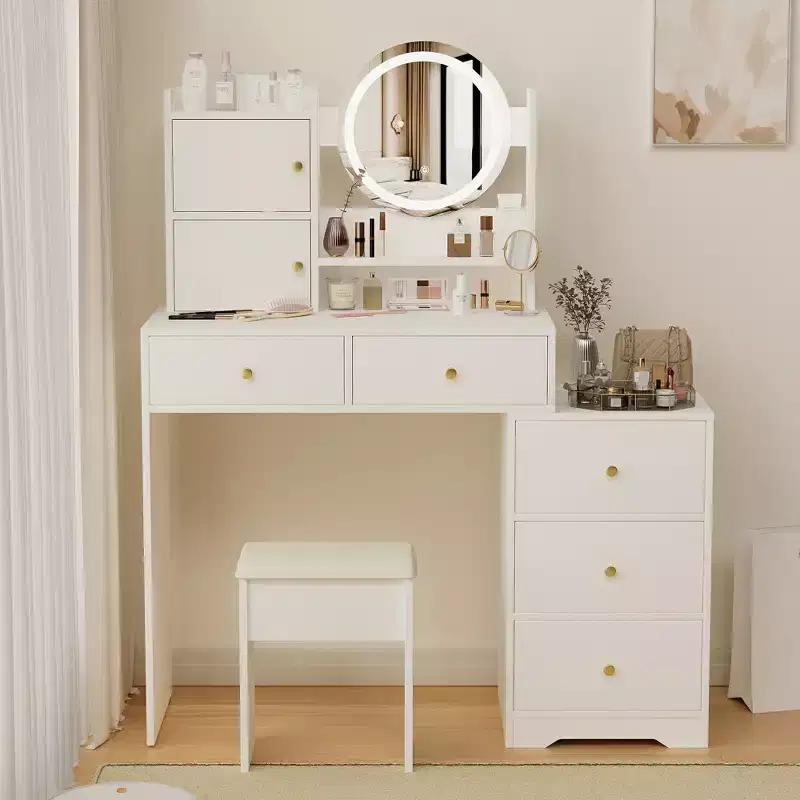 Round Mirror Vanity Desk with Adjustable Lights, 1 Cushioned Chair and Multiple Storage Compartments