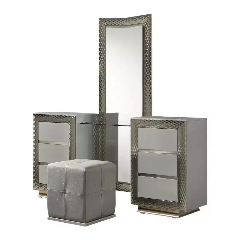 Royal Hampton 3Pc Vanity Dressing Table Set W Stool, Gray, Satin Fabric, Rubberwood