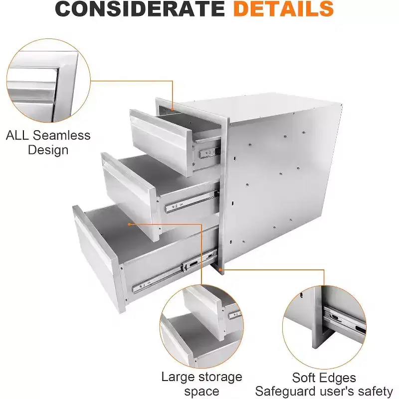 Stainless Steel Outdoor Kitchen Drawers, Flush Mount BBQ Access Drawers with Venting Panel & Handle, Weatherproof for BBQ Island, Patio Grill Station