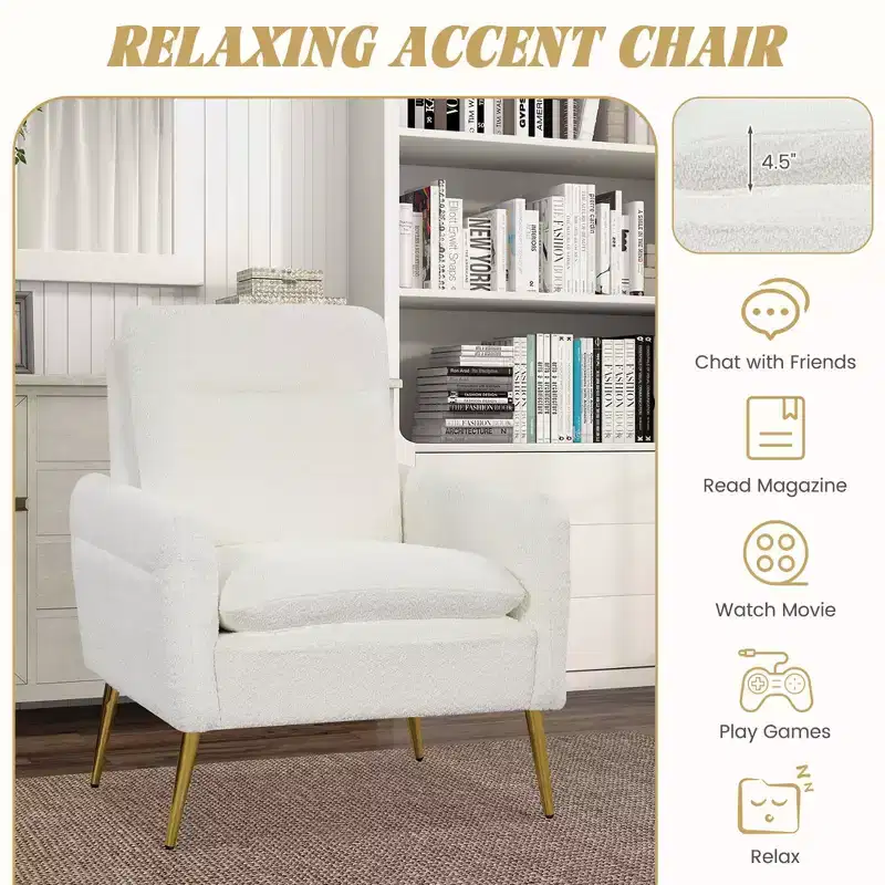 Costway Modern Accent Chair Upholstered Armchair w/ Tapered Metal Legs White