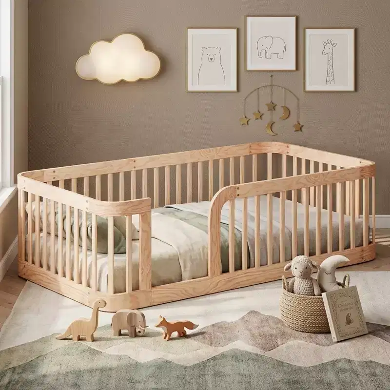 Polibi Wooden Floor Bed Frame with Fence Guardrails & Rounded Corners