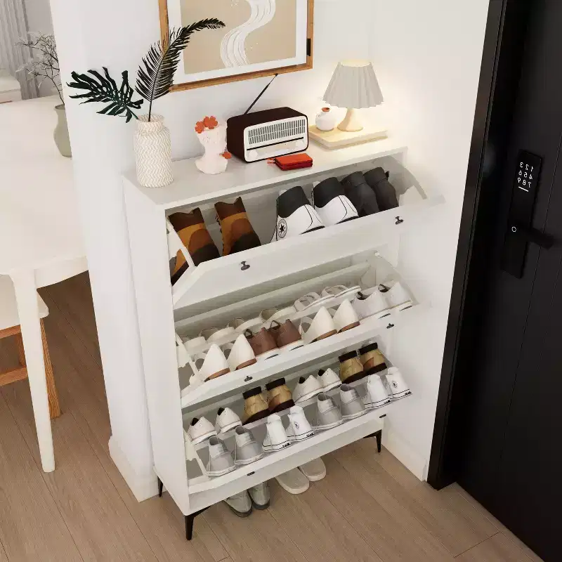 Okak Stylish Shoe Cabinet, Shoe Storage Cabinet with 3 Flip Drawers and Independent Legs, Narrow Shoe Cabinet for Living Room, Hallway, Glossy White