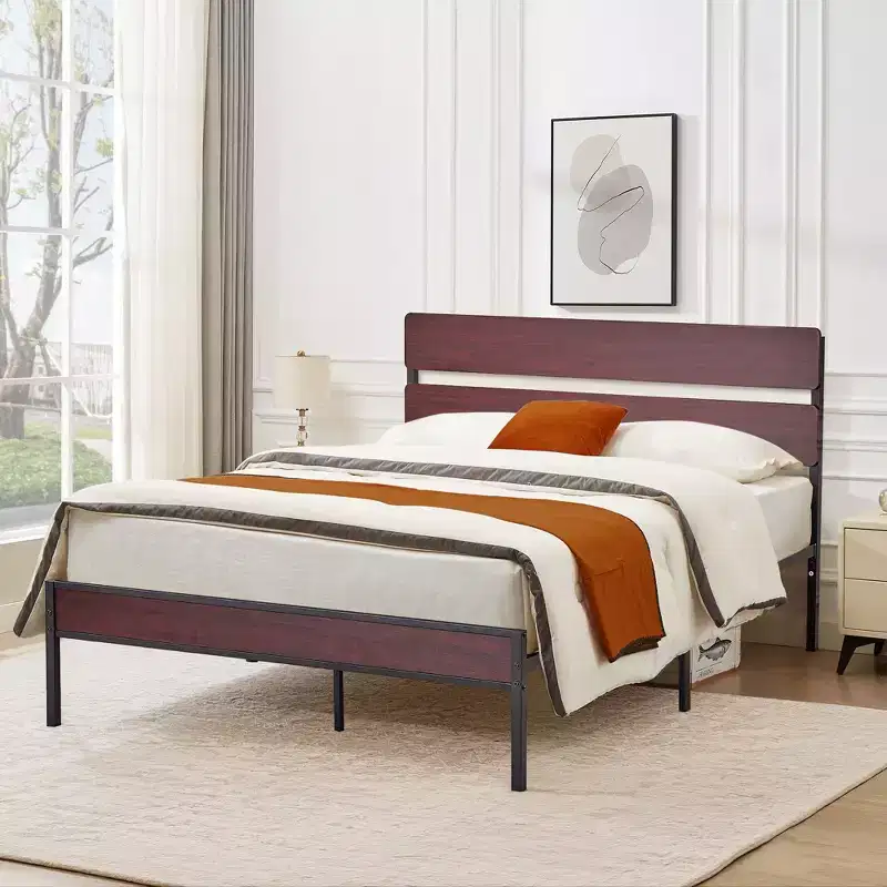 VECELO Queen/King Size Bed Frame with Wooden Headboard, Metal Bed Platform No Box Spring Needed with Heavy Duty Steel Slat, Brown