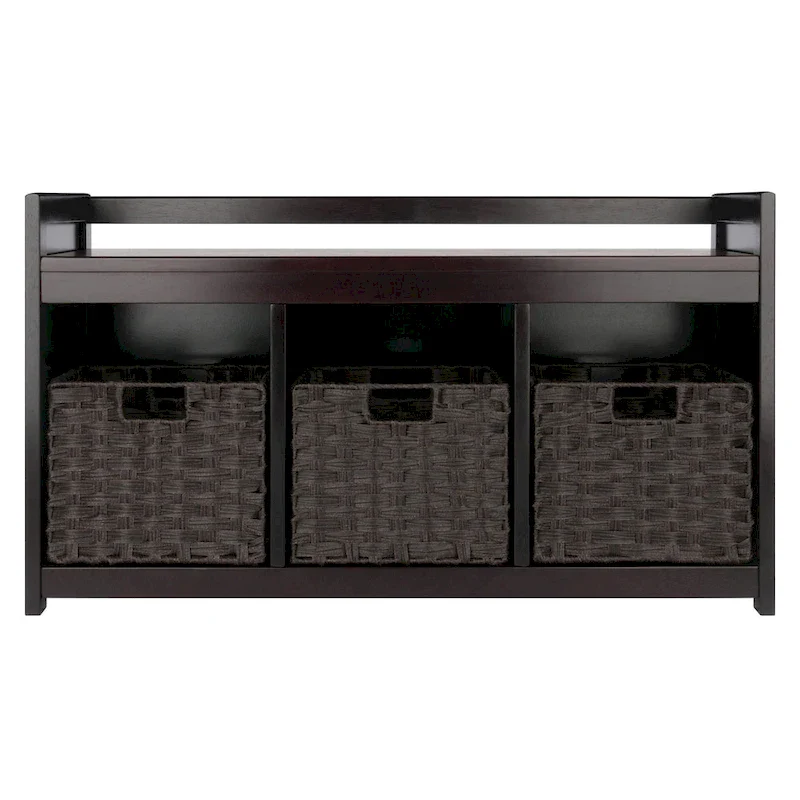 Storage Bench with 3 Foldable Woven Baskets, Espresso Chocolate