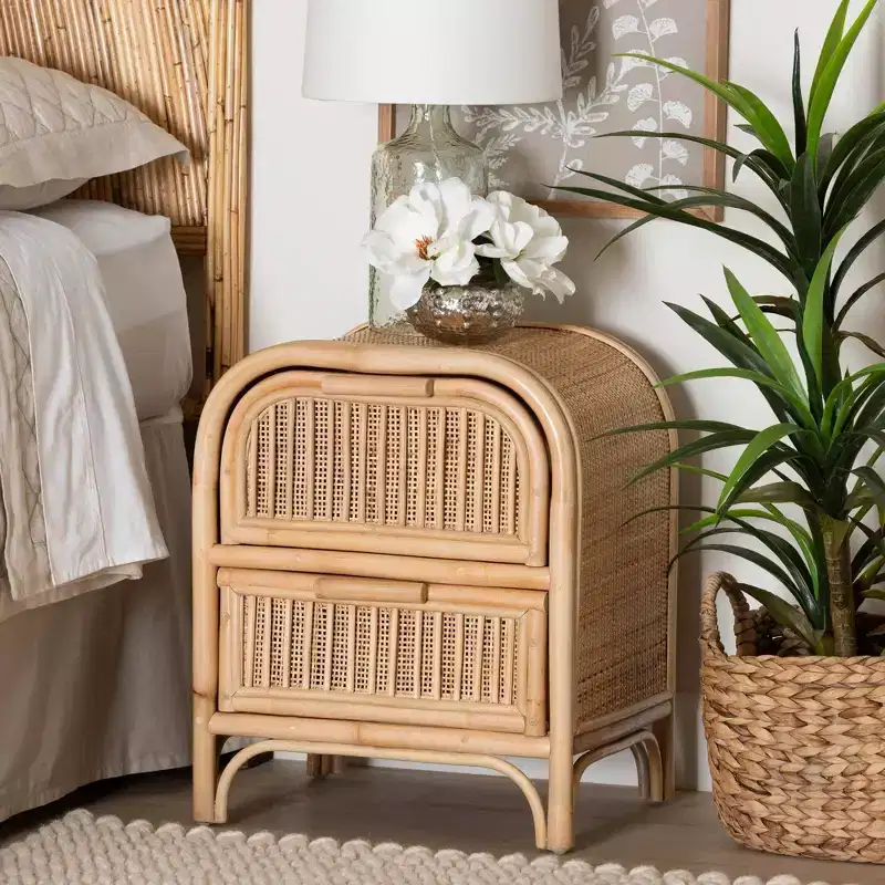 bali & pari Adrika Natural Rattan 2 Drawer Nightstand Natural: Bedside Storage, No Assembly Required