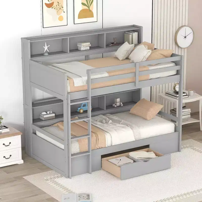 Whisen Twin Size Bunk Bed with Built-in Shelves Beside both Upper and Down Bed and Storage Drawer