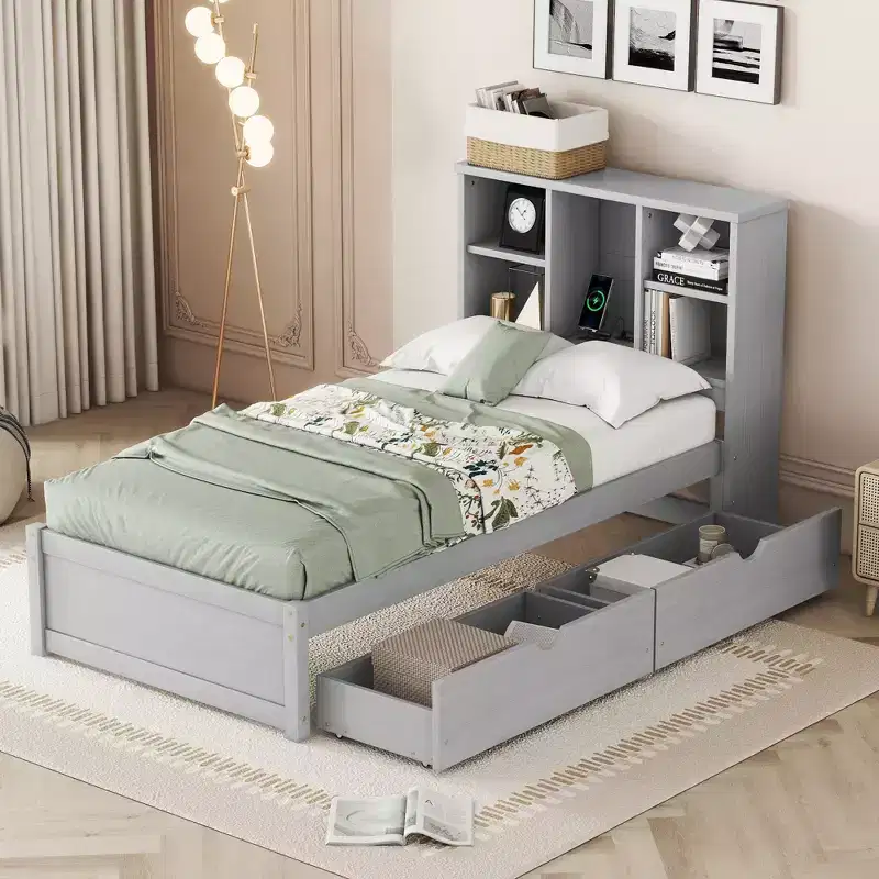Bellemave Twin Size Platform Bed Frame with Bookcase Headboard and 2 Storage Drawers, Particle Board Platform Bed with USB Charging Port