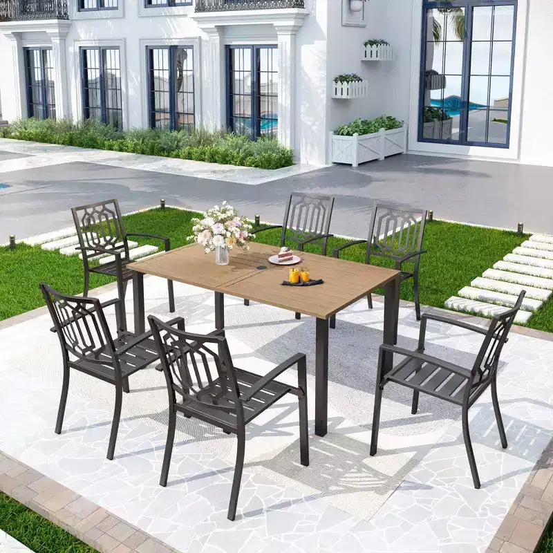 7pc Patio Dining Set with Rectangular Faux Wood Table with Umbrella Hole & Chairs - Captiva Designs: Weather-Resistant, Steel Frame