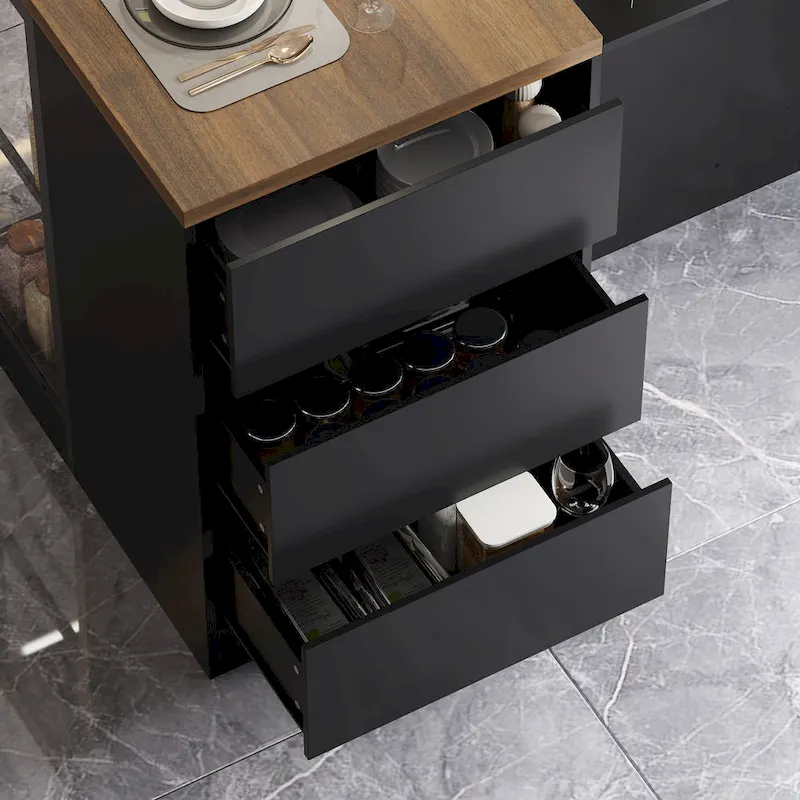 Kitchen Island with Drawers & Glass Cabinets, Converts to Office Desk
