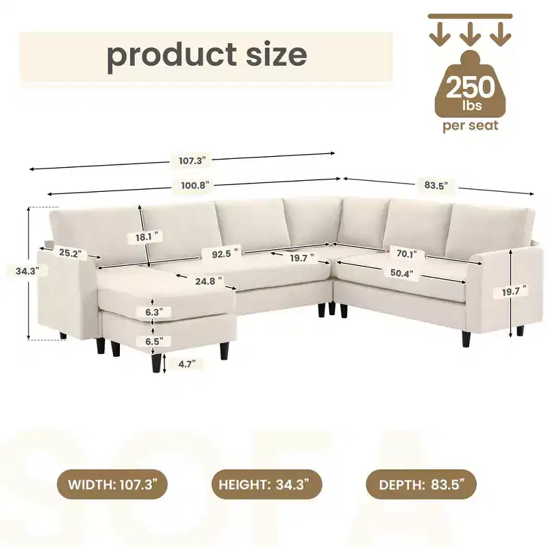 Modular Comfort Corner Shaped Sectional Sofa, Large 7 Seater Corner Sofa for Living Room, Office, Spacious Space