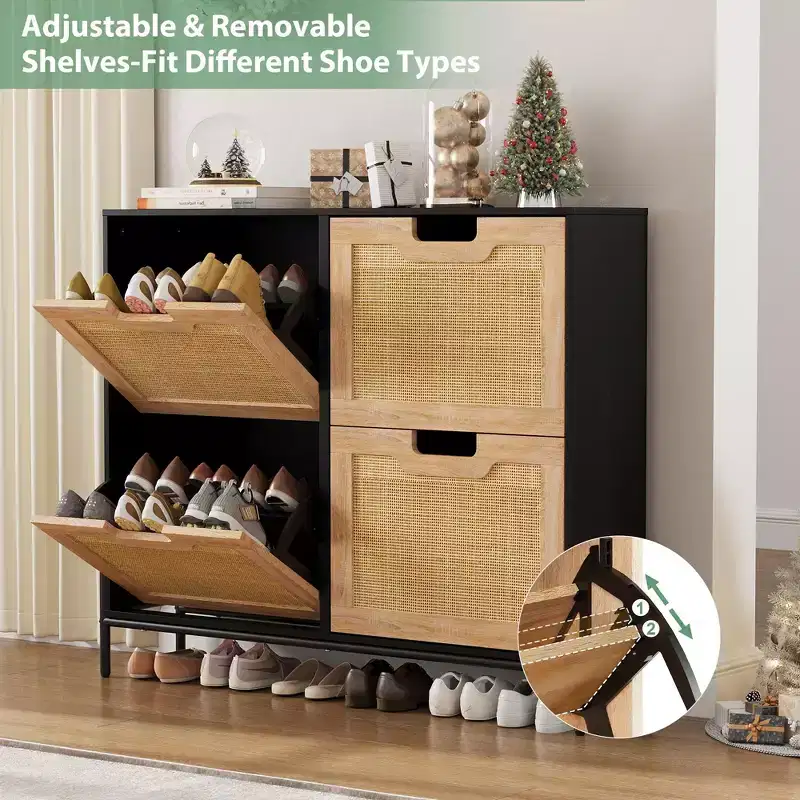 Natural Rattan Narrow Shoe Storage Organizer Cabinet with 4 Flip Drawers, Freestanding Shoe Rack with Metal Legs and Adjustable Shelf