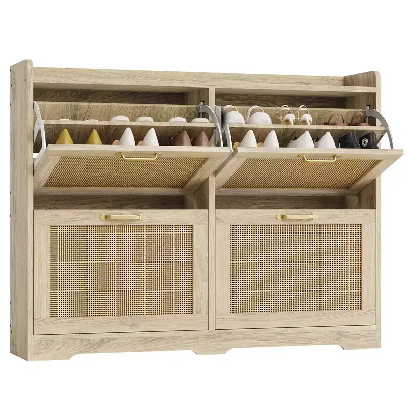 Shoe Cabinet with 4 Flip Drawers - Hidden Wide Wood Shoe Storage Cabinet, Simple and Elegant Freestanding Shoe Rack for Entryway, Hallway, Foyer