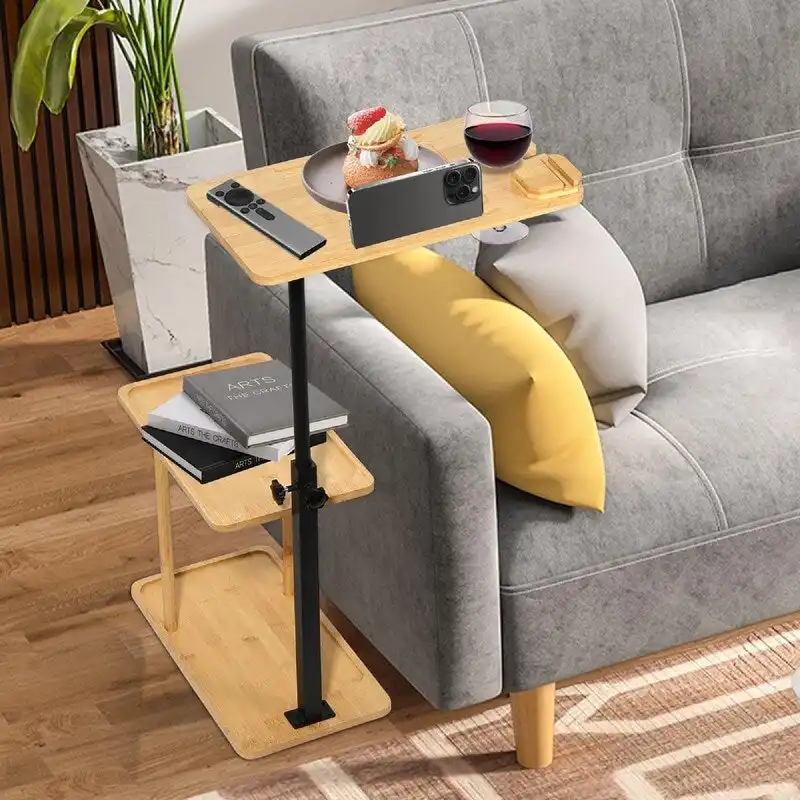 Bamboo & Black C-Shaped Sofa Side Table, 3-Tier, Height Adjustable, 1 Person