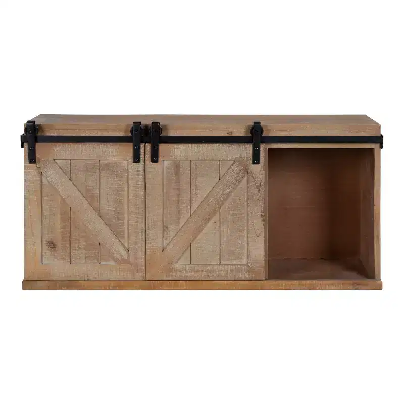 Kate and Laurel Cates Decorative Wood Wall Storage Cabinet with Sliding Barn Doors, 30x10x14, Rustic Brown