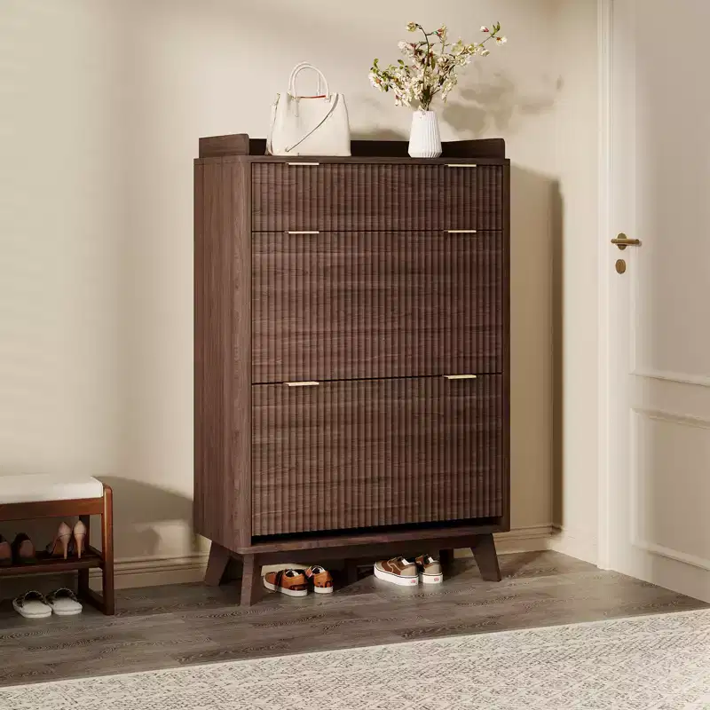 Fluted Wood Shoe Storage Cabinet for Entryway with 2 Flip Drawers, 48 Tall Freestanding Hidden Narrow Shoe Organizer Rack for Hallway