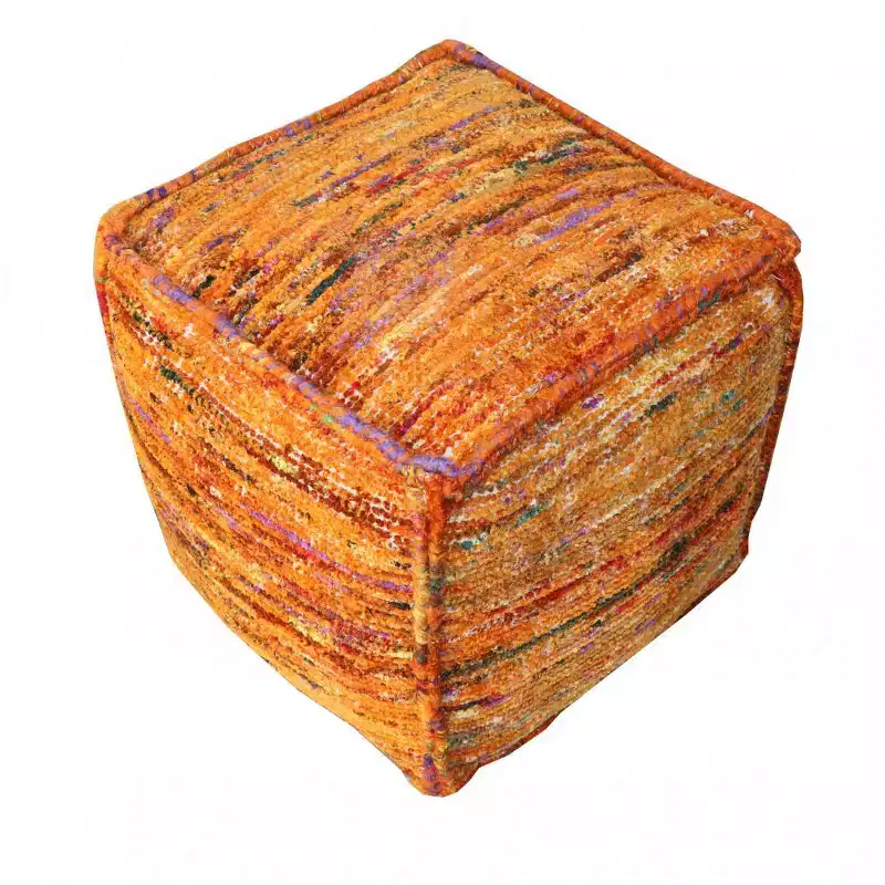 HomeRoots 18 Orange Recycled Silk and Cotton Blend Cube Pouf Ottoman