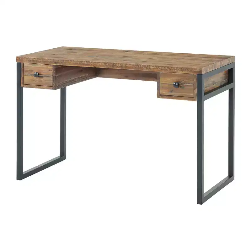 Claremont Rustic Wood and Metal Office Desk, Natural Wood Grain Finish with Two Side Drawers, Ideal for Home Office and Study Room