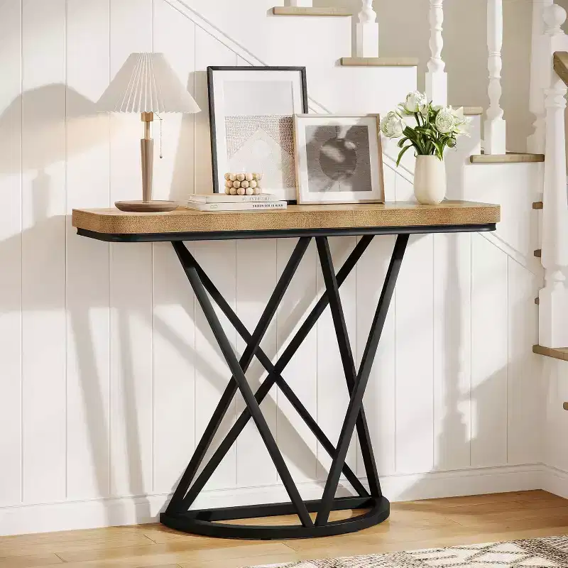 Lantine 41.3 Industrial Console Table with Geometric Metal Base, Small Narrow Sofa Accent Furniture for Living Room, Hallway, Foyer