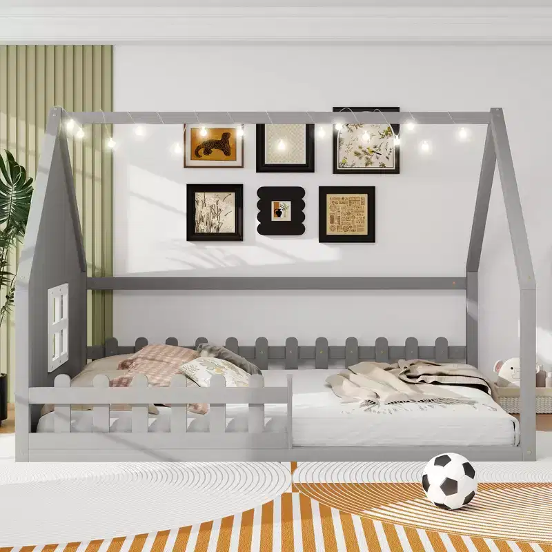 Full Size Wood House Bed with Window and Fence