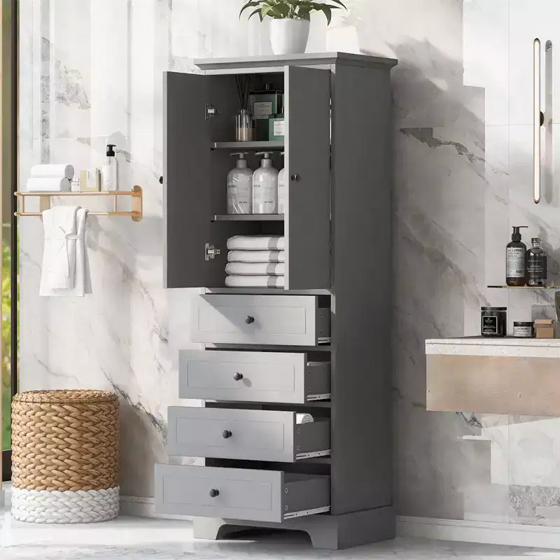 Tall Freestanding Storage Cabinet, with 4 Drawers & 2 Doors, Bathroom Storage Cabinet with Adjustable Shelf for Bathroom, Living Room