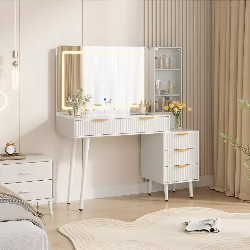 48 Inch Fluted Makeup Vanity Desk with Lights Glass Top 36 HD Lighted Mirror 5 Drawers 3-Tier Shelves White