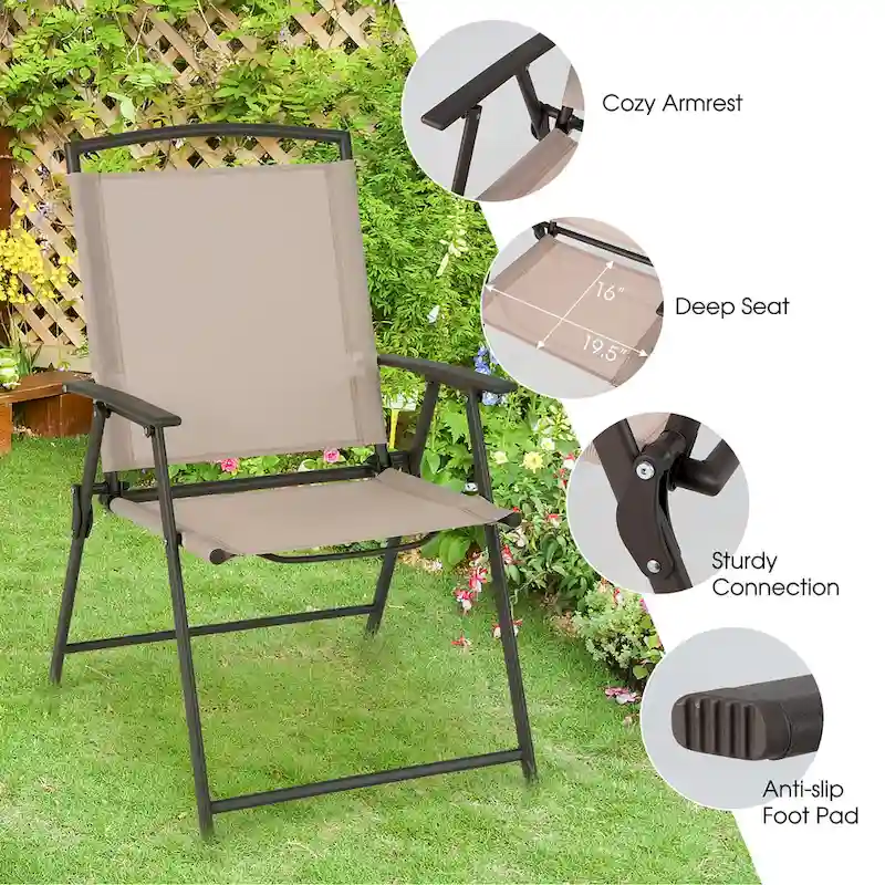 Costway 2 pcs Patio Folding Sling Dining Chairs Armrests Steel Frame - See Details