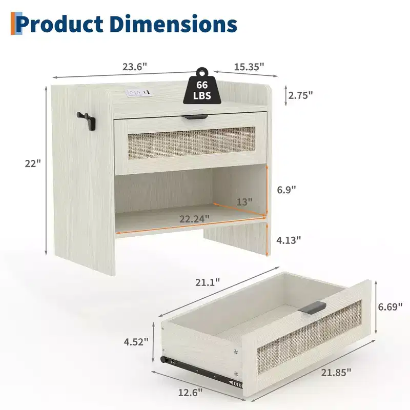 Rattan Nightstand Set of 1, Bedside Table, Modern Night Stand 2 Drawer Storage Space, Suitable for Bedroom, Office, or Living Room