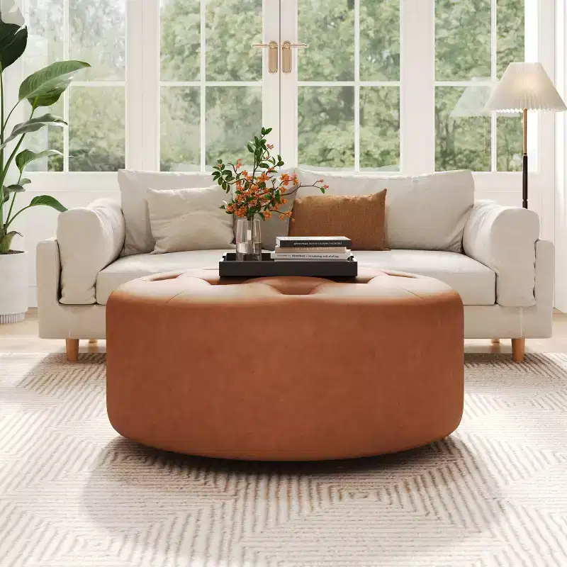 Modern Button Tufted Faux Leather Round Ottoman, Light Brown
