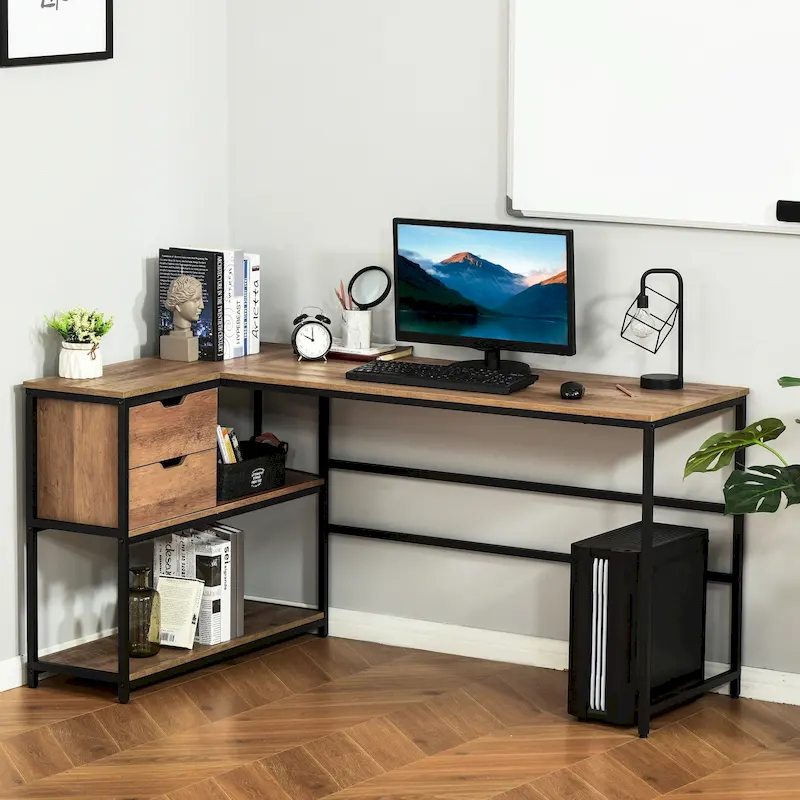 HOMCOM L-Shaped Home Office Writing Desk with Storage Shelf, Drawer, Brown