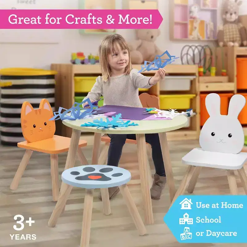 Kids Wooden Animal Table & Chair Set w 3 Seats (Puppy Kitten & Bunny) & Adult Stool for Arts Crafts, Dining, Pretend Play- Playroom Furniture for