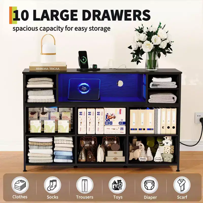 10-Drawer Dresser TV Stand, LED Light Strip & Power Outlets, Fabric Drawer Chest with Wood Top, Entertainment Center for 55 Inch TV, Storage Dresser