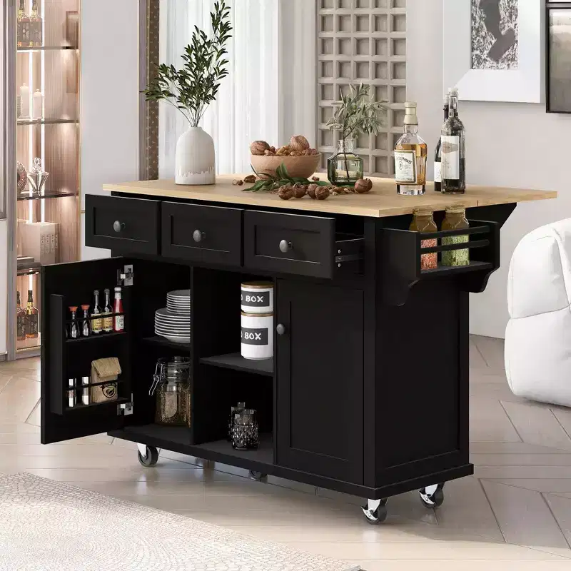 Kitchen Island With Storage Cabinet & 3 Drawers Kitchen Cart With Rubber Wood Drop-Leaf Countertop Cabinet Storage Racks For Dining Room, Black