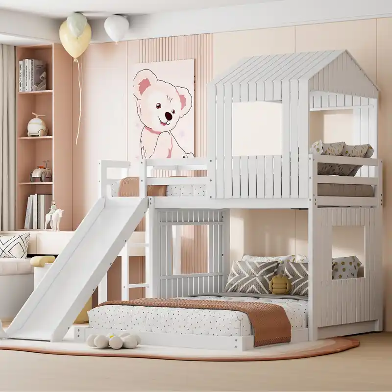 Twin Over Solid Wood Full Bunk Bed With Slide, Playhouse Design