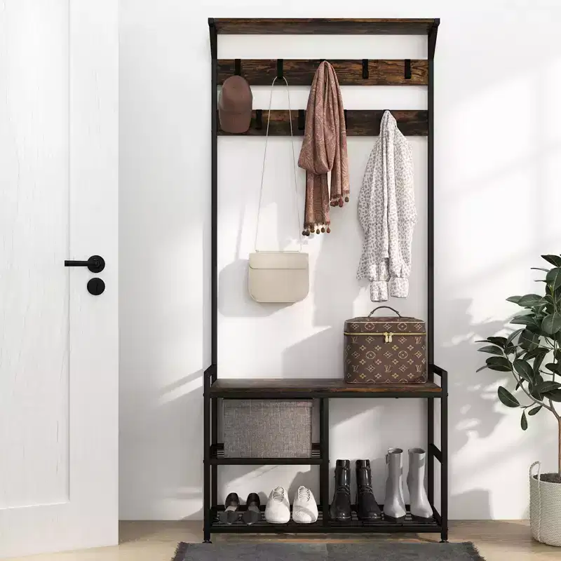 Coat Rack Industrial Hall Tree Shoe Bench Entryway Storage Shelf with Hooks