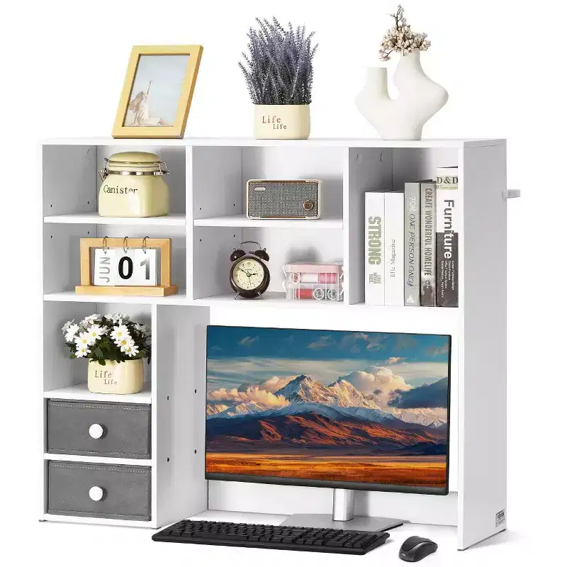 Desktop Bookshelf, 3-Tier Desktop Storage Organizer, 37 X 10 X 31.1 Office Storage Rack Wood Display Shelf