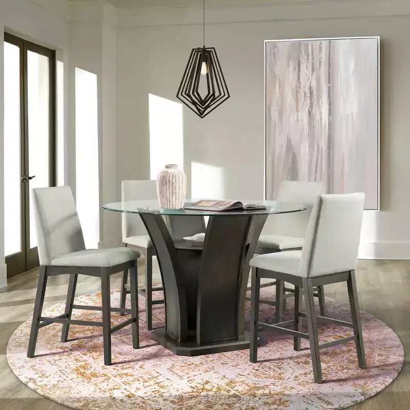 5pc Simms Round Standard Height Dining Set and 4 Chairs Walnut - Picket House Furnishings: Glass Top, Cream Upholstery