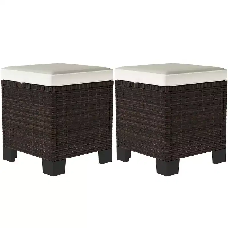 2 Piece Wicker Outdoor Ottomans with Cushions, Rattan Ottoman Footrest and Side Table for Patio, Poolside