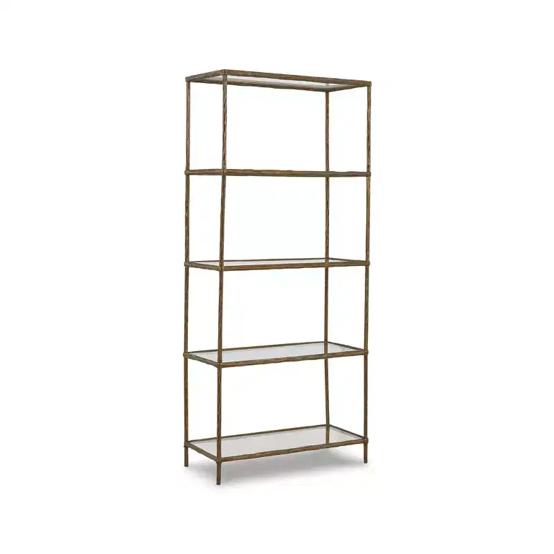 Ryandale 73 Bookcase, Antique Brass Finish Metal Frame with Clear Glass Shelves, Modern Industrial 5-Shelf Display
