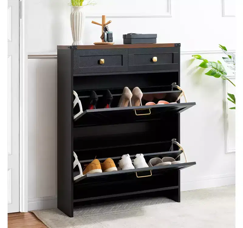 Home Imports Emporium Farmhouse Slim Shoe Cabinet with Flip Drawers  Narrow Entryway Shoe Storage Cabinet with 2 Utility Drawers