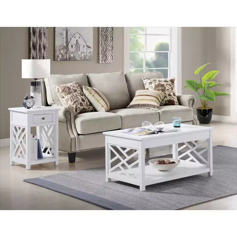 36" Middlebury Coffee Table and End Table White - Alaterre Furniture: Living Room Furniture Set with Storage Shelf