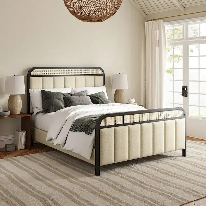Alphons Modern Solid Wood Frame Ratten Bed with LED Headboard by HULALA HOME