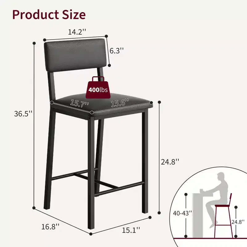 PU Leather Counter Height Bar Stools Set of 2  Backrest, Footrest, Thick Cushion  Black  for Dining Room, Kitchen Island, Apartment Bar