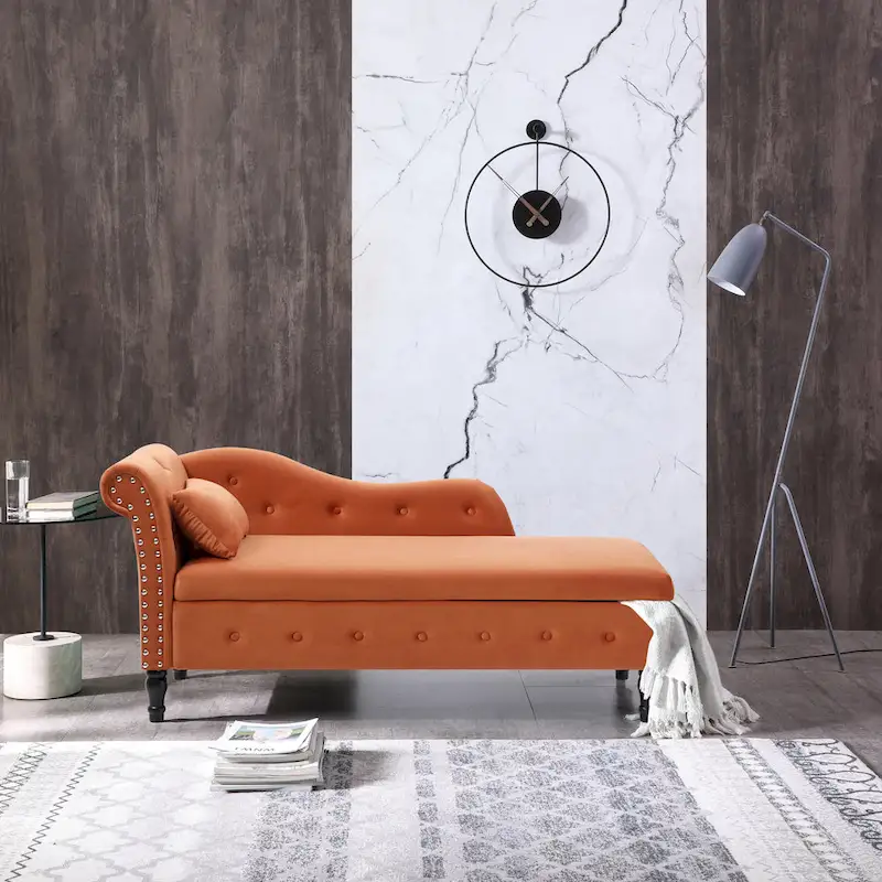 Orange Modern 60  Velvet Upholstered Buttons Tufted Chaise Lounge Chair with Solid Wood Legs and Storage