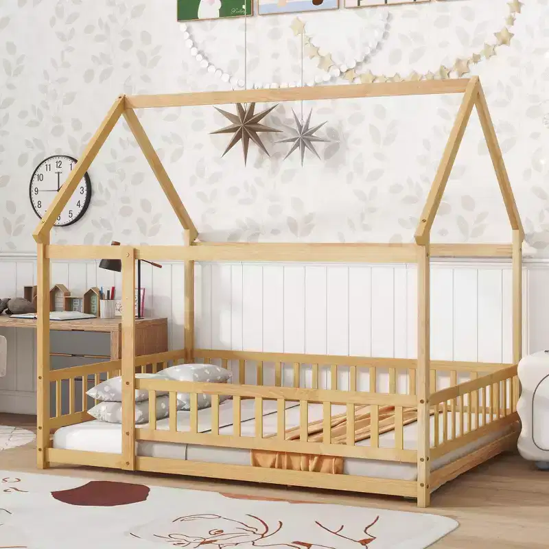 Rubberwood Full Platform Floor Bed with Safety Guardrails
