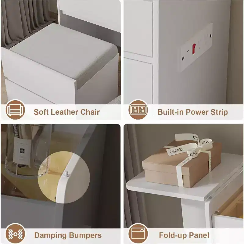 3-in-1 vanity table with mirror and lights, vanity table with 3 drawers, corner vanity set with soft stool, suitable for living room/bedroom