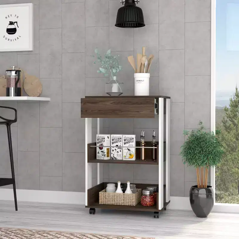 Modern Kitchen Cart with 1 Drawer and 2 Shelves, Kitchen Island on Wheels, Brown