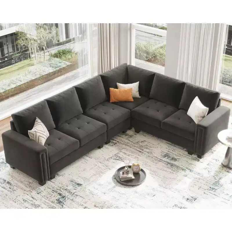Modular Velvet Tufted L-Shaped Sectional Sofa with Storage Ottoman, 6-Seater