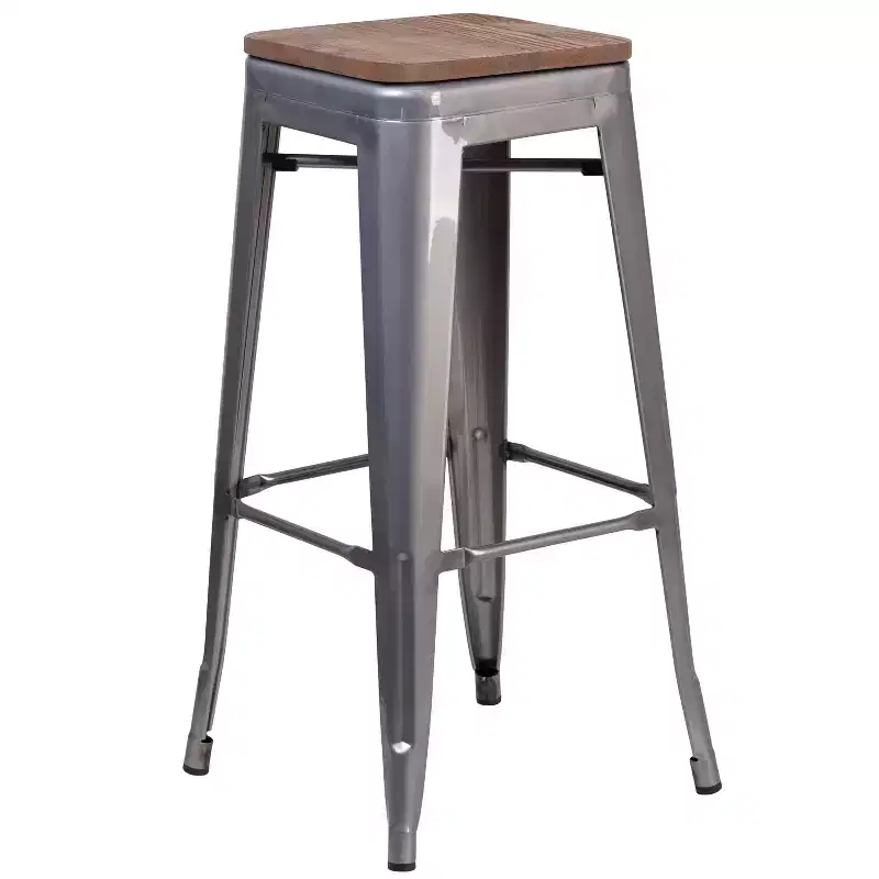 Clear Coated Gray Metal Bar Counter Stool with Rustic Wood Seat, 500 lbs, Backless